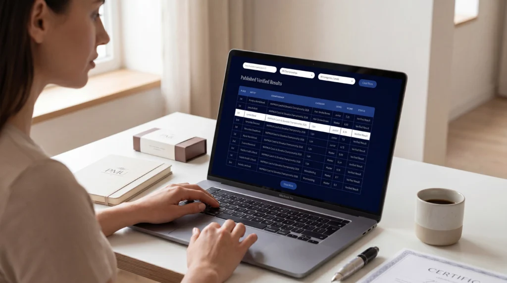 PMU artist checking verified professional results inside the WAPMUA Official Results Registry