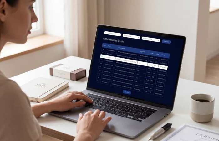 PMU artist checking verified professional results inside the WAPMUA Official Results Registry